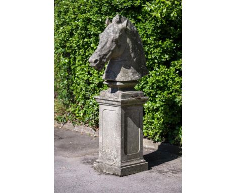 A LARGE COMPOSITION STONE HORSE HEAD ON PEDESTAL STAND  20TH CENTURY  approximately 191cm high overall, base 48.5cm square   