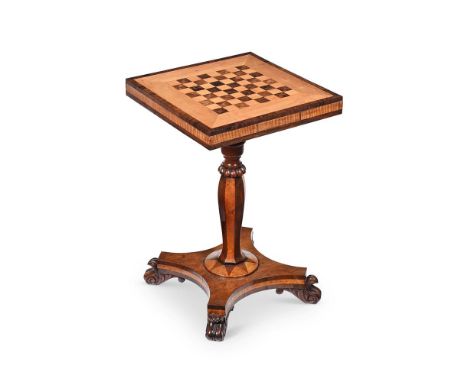 Y&nbspA GEORGE IV ROSEWOOD, SATINBIRCH AND HAREWOOD GAMES TABLE CIRCA 1820 The top inlaid with a chess and draughts board, th