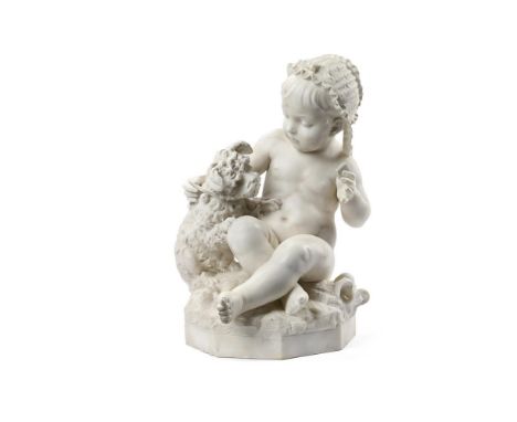 IN THE MANNER OF GIOVANNI MARIA BENZONI, A WHITE MARBLE FIGURAL GROUP OF A YOUNG GIRL WITH HER DOG ITALIAN, MID TO LATE 19TH 