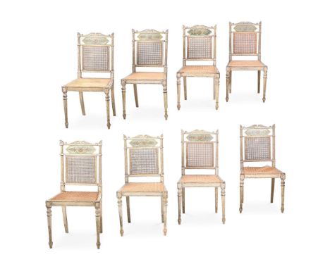 A SET OF EIGHT GEORGE III CREAM PAINTED AND PARCEL GILT CHAIRS CIRCA 1800, IN THE MANNER OF HENRY HOLLAND 89.5cm high, 47cm w