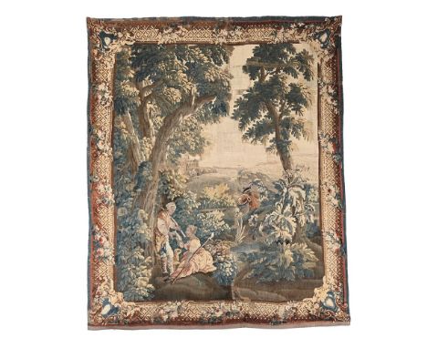 A FRENCH VERDURE TAPESTRY  PROBABLY AUBUSSON, 18TH CENTURY  Depicting courting couple in landscape  approximately 293 x 235cm