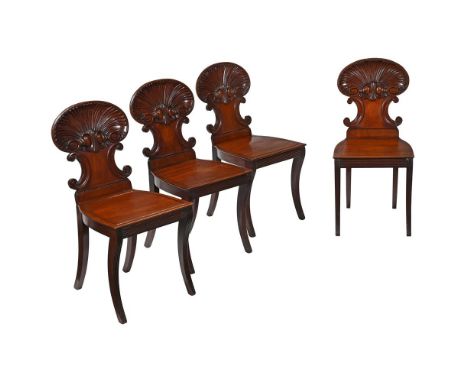 A SET OF FOUR REGENCY MAHOGANY HALL CHAIRS  ATTRIBUTED TO GILLOWS, CIRCA 1820 The underside of each chair with stamped journe