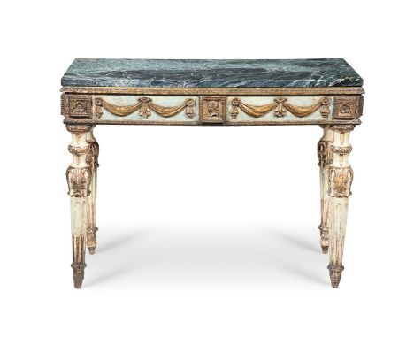 AN ITALIAN PAINTED AND PARCEL GILT CONSOLE TABLE  LATE 18TH CENTURY With later serpentine marble top 92cm high, 127cm wide, 5