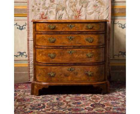 A SMALL GEORGE II BURR AND FIGURED WALNUT CHEST OF DRAWERS CIRCA 1740 74cm high, 77cm wide, 51cm deep    Condition Report:  C