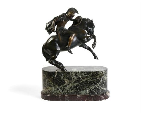 AFTER EMMANUEL FREMIET (1824-1910) A BRONZE AND MARBLE MOUNTED EQUESTRIAN FIGURE OF A ROMAN WARRIOR ON HORSEBACK  FRENCH, LAT
