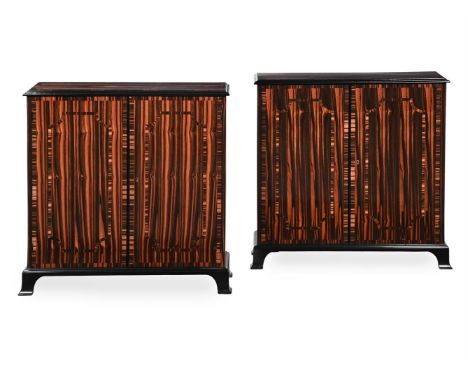 A PAIR OF CALAMANDER AND EBONISED SIDE CABINETS OF RECENT MANUFACTURE, IN GEORGE III STYLE 91cm high, 94cm wide, 28cm deep   