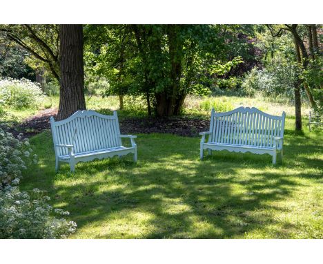 A PAIR OF PALE BLUE PAINTED WOODEN GARDEN BENCHES  MODERN  approximately 189cm wide, 126.5cm high  Condition Report:  With we