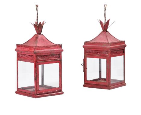 A PAIR OF RED TOLE PEINTE HANGING LANTERNS  IN THE REGENCY MANNER, 20TH CENTURY  Each with flowerhead finial, square bodies, 