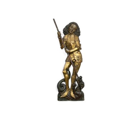 A POLYCHROME AND GILTWOOD FLAT GROUP OF ST GEORGE AND THE DRAGON  SOUTH GERMAN OR TYROL, LATE 15TH OR EARLY 16TH CENTURY  St 