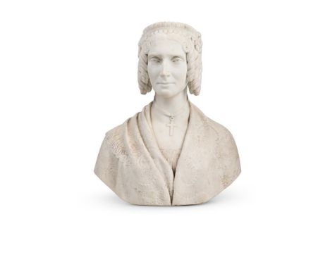 JOSEPH WATKINS (IRISH, 1838-1871) A CARVED WHITE MARBLE BUST OF MARY, 1ST LADY O'HAGAN  DATED 1869  Signed and inscribed "Jos