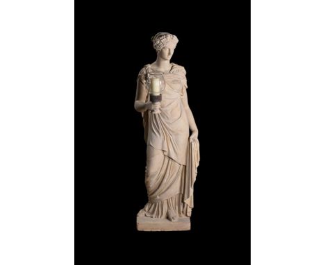 AFTER HENRY HOPPER, A LARGE PAINTED PLASTER FEMALE FIGURAL LIGHT  19TH CENTURY  Neoclassical dress, glass shade  165.5cm high