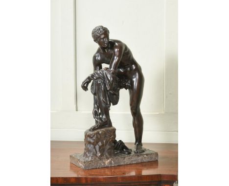 AFTER THE ANTIQUE, A GRAND TOUR BRONZE FIGURE OF HERMES FASTENING HIS SANDAL  19TH CENTURY  Set on a marble base, unsigned, n