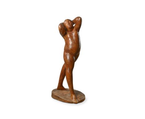 λ &nbspNEREO QUAGLIATO (ITALIAN 1939-2014) A SCULPTED WOODEN MODEL OF A FIGURE Modelled standing with head in raised arms, st