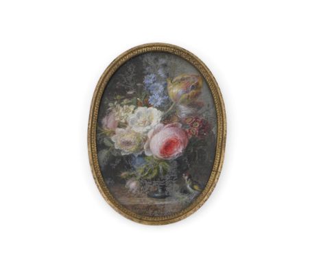 CORNELIS VAN SPAENDONCK (1756- 1839)  A VASE OF FLOWERS INCLUDING ROSE, AURICULA, TULIP AND NARCISSUS, A GOLDFINCH STANDING O