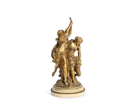 ATTRIBUTED TO MOREAU AFTER CLODION, GILT BRONZE FIGURE GROUP OF TWO BACCHAE WITH FAUN  MID TO LATE 19TH CENTURY  Unsigned, se