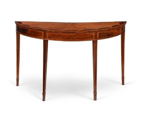 Y&nbspA GEORGE III SATINWOOD, MAHOGANY, BURR YEW, TULIPWOOD AND INLAID DEMI-LUNE CONSOLE TABLE CIRCA 1790 87cm high, 145.5cm 