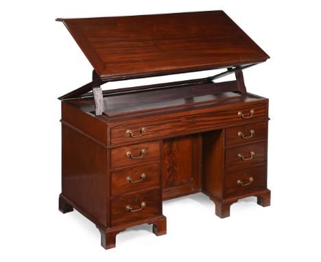 A GEORGE III MAHOGANY ARCHITERCT'S DESK IN THE MANNER OF GILLOWS, LATE 18TH CENTURY With ratchet adjustable top, the top draw