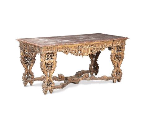 A CONTINENTAL CARVED GILTWOOD CONSOLE TABLE PROBABLY FRENCH OR ITALIAN, 19TH CENTURY With variegated red marble top 80cm high