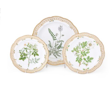 THREE ROYAL COPENHAGEN FLORA DANICA PLATES IN SIZES LAST QUARTER 20TH CENTURY Printed factory marks, Latin inscriptions in bl