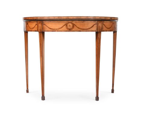 A GEORGE III SATINWOOD AND MARQUETRY DECORATED FOLDING CARD TABLE IN THE MANNER OF INCE & MAYHEW, CIRCA 1790 76cm high, 95.5c