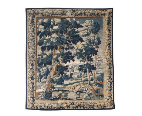A FLEMISH VERDURE TAPESTRY  18TH CENTURY   Depicting a hunting scene  approximately 289 x 236cm  Provenance:   Private Collec