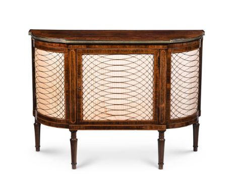 Y&nbspA GEORGE III ROSEWOOD AND SATINWOOD INLAID SIDE CABINET IN THE MANNER OF INCE & MAYHEW, CIRCA 1800 The D-shaped breakfr