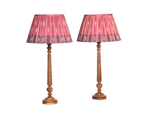 A PAIR OF WALNUT RING TURNED CANDLESTICK TABLE LAMPS  LATE 20TH CENTURY  With Robert Kime Ltd metallic thread fabric lamp sha