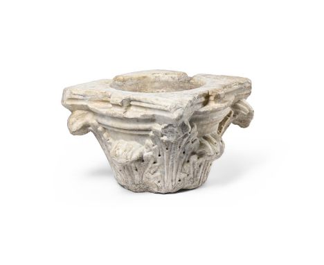 A RENAISSANCE MARBLE CAPITAL ITALIAN, 14TH OR 15TH CENTURY Later re-used as a holy water stoup 23.5cm high, 43.5cm wide  Cond