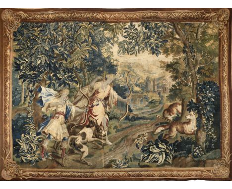 "Diana on the hunt", polychrome wool yarn tapestry probably from Brussels, bordure in shades of brown "Leaves", containing on