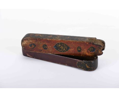 A writing utensil box - «Qalam», wood and paper fully varnished in black, gilt and polychrome decoration "Flowers", leather i