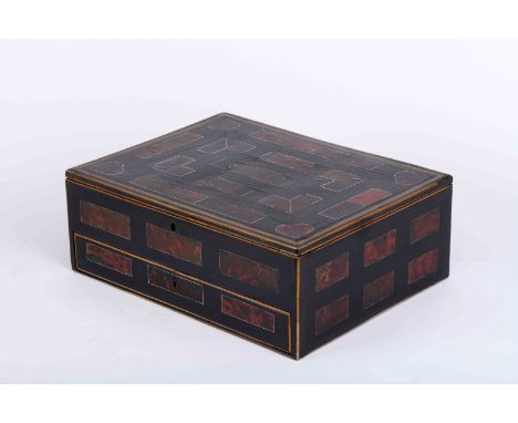 A large box with drawer, oak fully coated with ebony, tortoiseshell, ivory and light wood marquetry, interior lined with ​​po