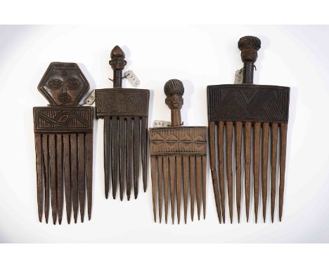 Four different combs, wood, carved decoration "Geometric and anthropomorphic motifs", Angolans - Tshokwe (related peoples), 2