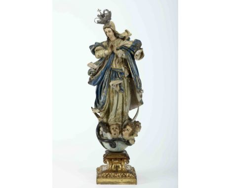 Our Lady of The Immaculate Conception, polychrome and gilt wood sculpture, base with cherubim, silver crown, Portuguese, 18th
