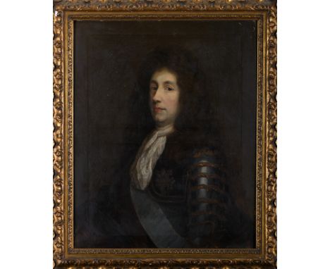 Portrait of a gentleman in armor, oil on canvas, French school, 18th C., relined, restoration, faults on the pictorial layer,