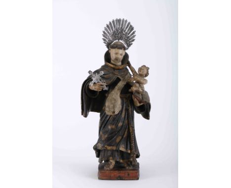 Saint Anthony with the Child Jesus and a bag of bread, polychrome wood and gilt sculpture - dated ANNO DE 1739, silver halo a
