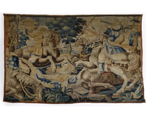 A cavalry battle, polychrome wool yarn tapestry, Flemish, 17th C., restoration, minor defects, Dim. - 222 x 272 cm