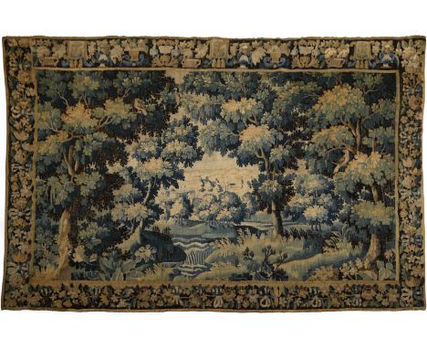 A countryside landscape, polychrome wool yarn tapestry possibly Aubusson, French, 17th/18th C., restoration, defects, Dim. - 