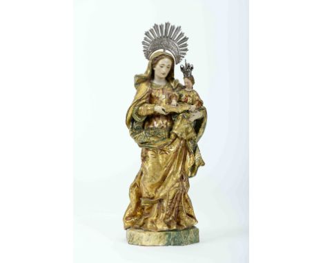 Saint Anne teaching Our Lady to read, wood gilt and polychrome sculpture, glass eyes, silver halo and crown, Portuguese, 18th