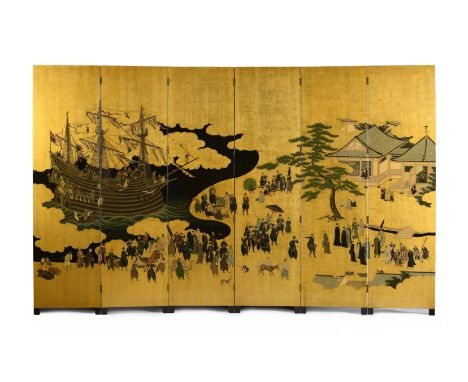 A six-leaf screen, Namban Art style, fully lacquered, painted and gilded wood "Arrival of the Portuguese to the coast of Japa