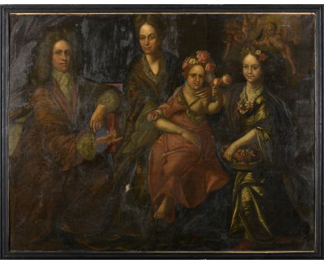 Family portrait, oil on canvas, European school, 17th/18th C., relined, restorations, large fault on the pictorial layer with