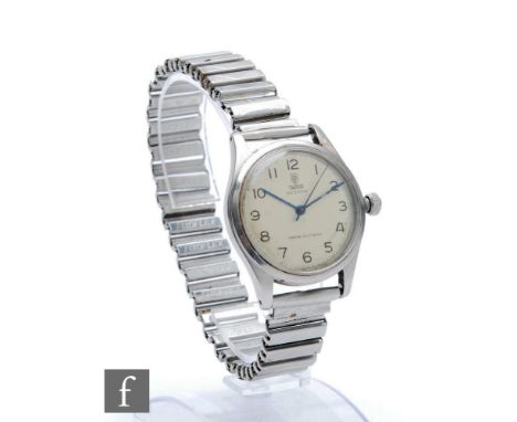 A stainless steel Tudor Oyster manual wrist watch, Arabic numerals to a silvered dial, case diameter 34mm, to an associated e