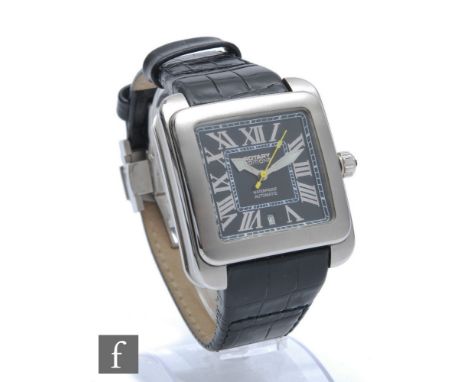 A gentleman's stainless steel Rotary Editions quartz wristwatch, Roman numerals to a black square dial and black leather stra