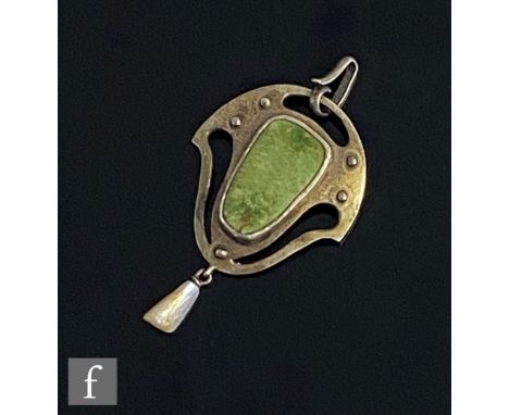 An early 20th Century pendant set with shaped oval green agate flanked by pierced sides and above a freshwater pearl drop, we