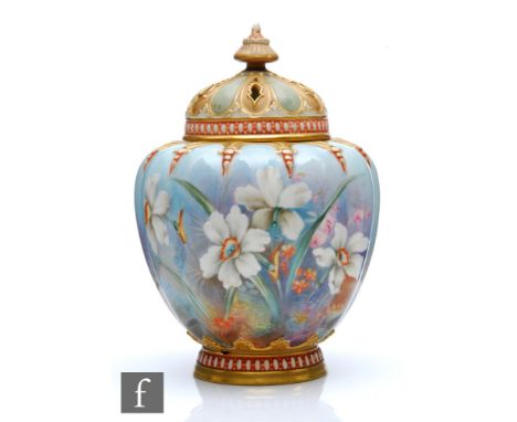 An early 20th Century Royal Worcester shape 1312 pot pourri and cover of gourd form decorated with hand painted daffodil, con