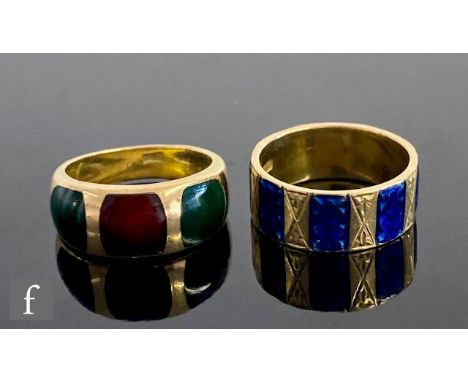 Two modern 18ct rings one with blue enamel decorated panels, the other with red and green enamel, total weight 12.5g, ring si