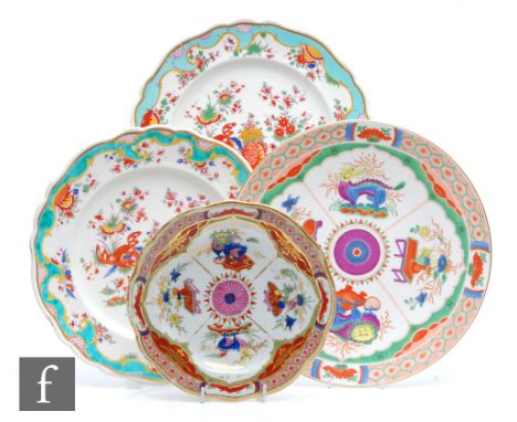 Three 19th Century Chamberlain Worcester plates comprising two decorated with a dragon in a garden with a turquoise border, d