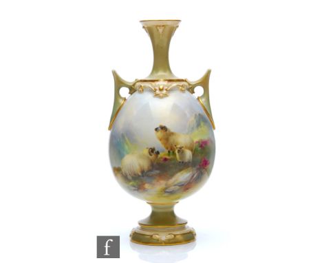 An early 20th Century Royal Worcester twin handled shape 2440 vase panel decorated by Harry Davis with hand painted sheep in 