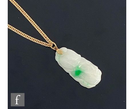A 20th Century carved jade pendant, length 3.5cm, suspended from an 18ct flat curb link chain, weight of chain 8g. 