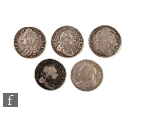 Five William III to George II shillings dated 1696, 1715, 1723, &nbsp;1741, and 1745 (Lima). (5) 
