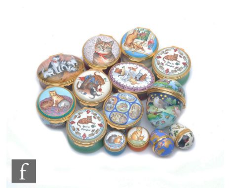 Fourteen cat themed Halcyon Days enamel pill boxes each decorated with scenes of cats to include two with the motto 'You're P